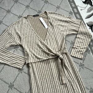 Gaovot Tan Ribbed Long Sleeve knit Sweater Dress